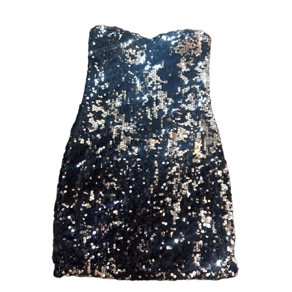 Arden B Black and Silver Sequin Strapless Mini Dress Small - Picture 3 of 7